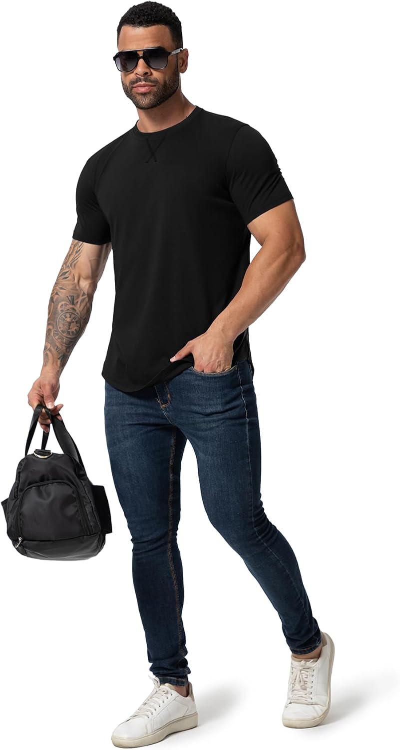 Mens 3 Pack Plain Cotton Shirts Short Sleeve Casual Crew Neck T-Shirts Hipster Hip Hop Longline Tees Drop Cut Curved Hem - Image 4