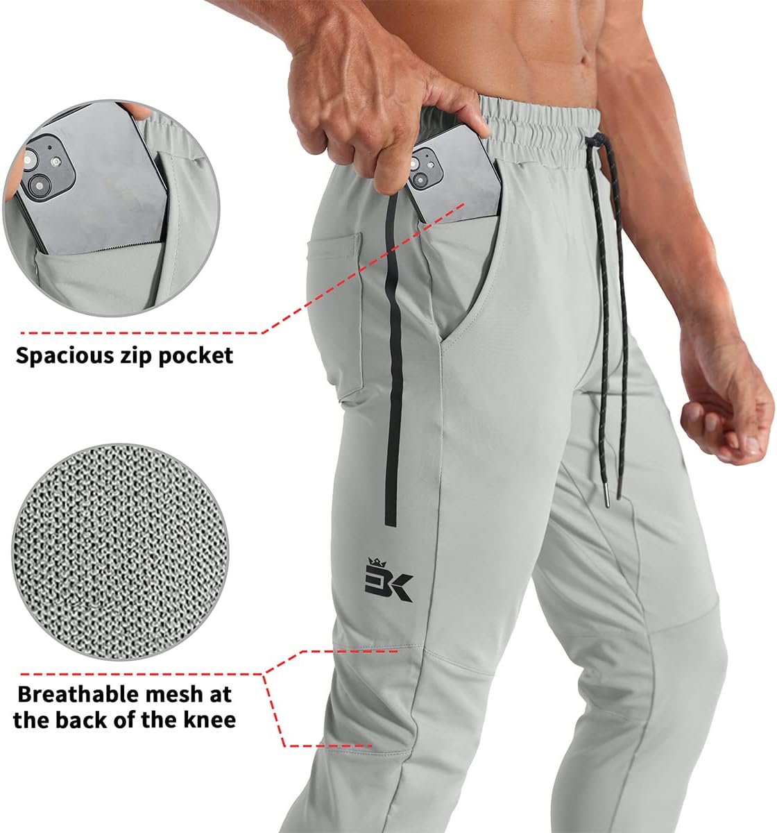 BROKIG Men's Lightweight Athletic Gym Jogger Pants, Stretch Quick Dry Workout Running Sweat Pants with Zipper Pockets - Image 3