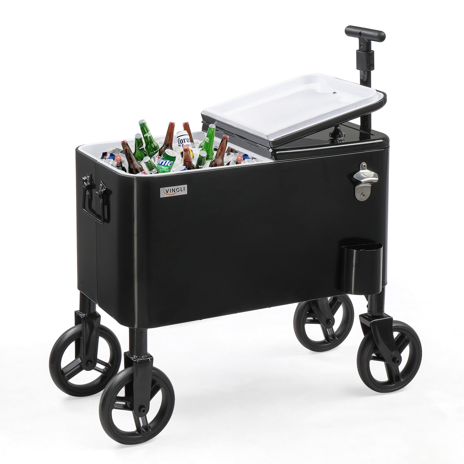 Bonnlo Carro Nevera 57 L con Ruedas Nevera Exterior para Patio, Enfriador con Abrebotellas, Ideal para Playa, Jardín y Parque, Negro