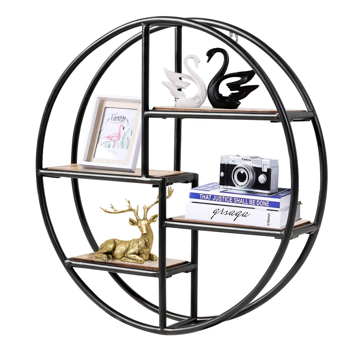 COSTWAY Wandregal Rund, Hängeregal mit 4 Böden, Metallregal Holz, kreisförmiges Bücherregal für Schlafzimmer, Wohnzimmer, Küche und Büro 55x55x11cm