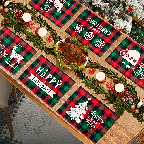 EPLST Cotton & Burlap Buffalo Check Placemats Red and Green Christmas Placemats Set of 6 Waterproof and Easy - Clean Table Mats for Christmas Table Decorations