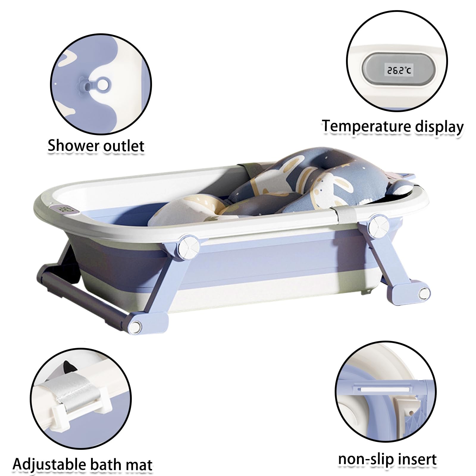 Wanna dla niemowląt, składana, z termometrem i antypoślizgową poduszką kąpielową – przenośna wanienka dla niemowląt, ergonomiczna, nie zajmuje dużo miejsca i jest bezpieczna – dla noworodków