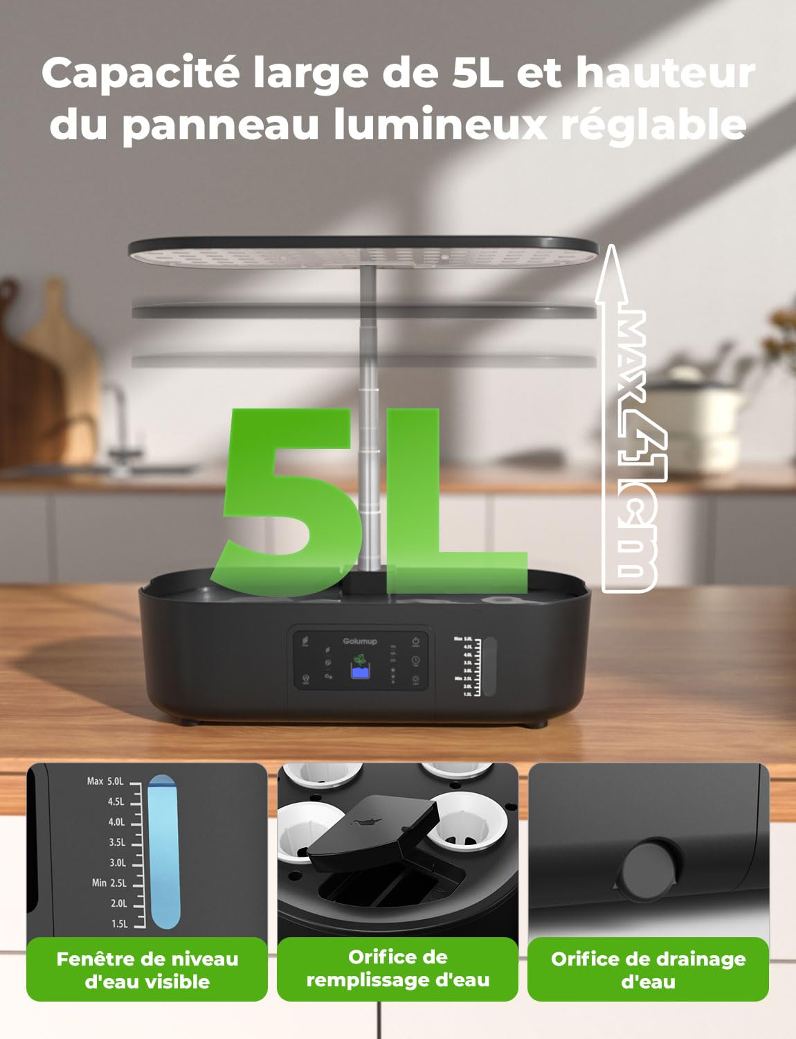 Potager d'intérieur 13 Pots avec Lampe Culture LED, Minuterie Automatique, Hauteur Réglable, Noir