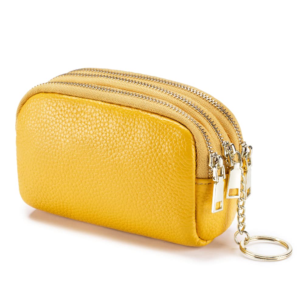 Linno3 Zippered Genuine Leather Coin Purse Triple Capacity Change Pouch Little Travel Wallet With Key Ring for Women