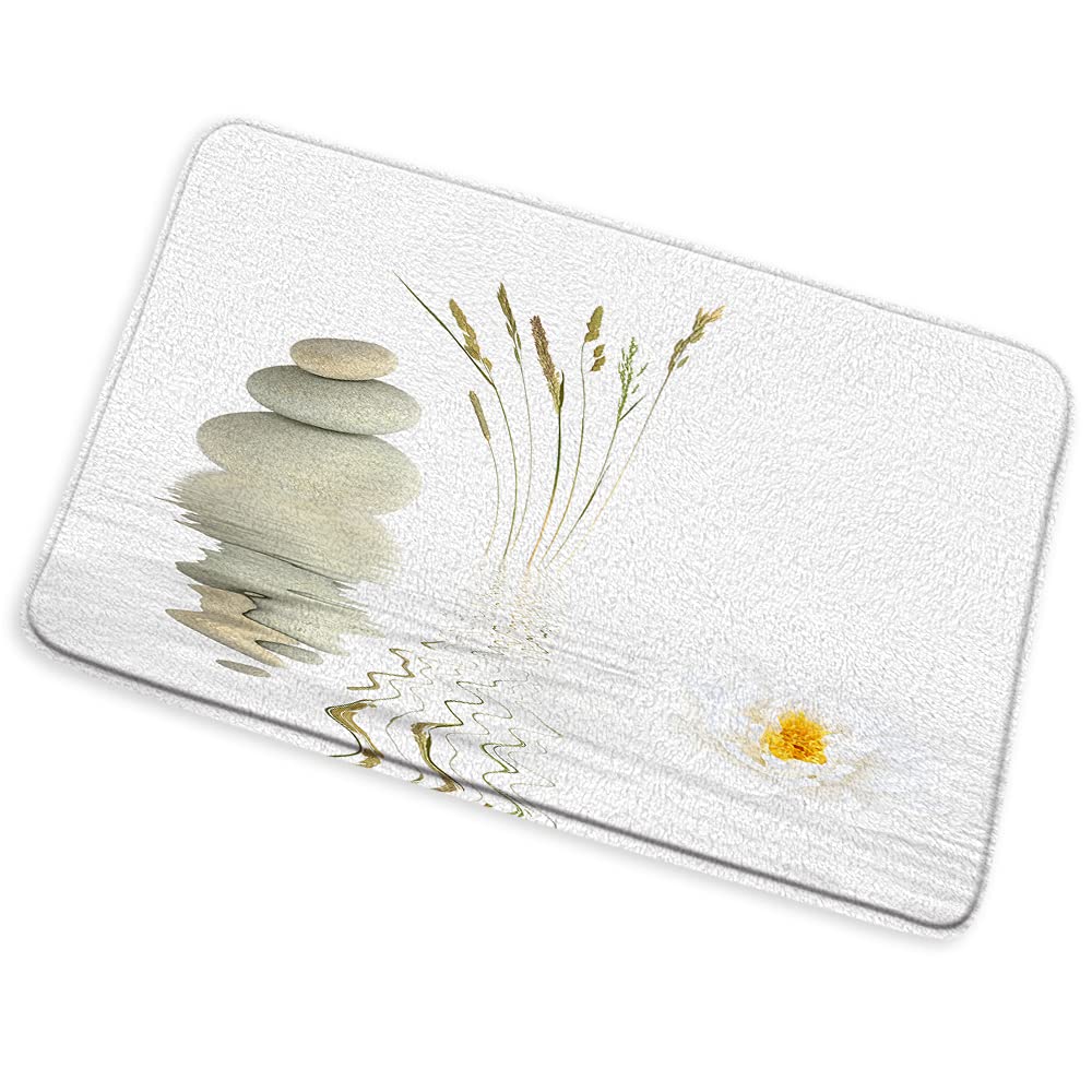 Zen Stone Bathroom Mat White Yellow Flower Plant Water Landscape Garden Spa Themed Pattern Flannel Suede Non-Slip Rugs Bath Kitchen Doorway Aisle