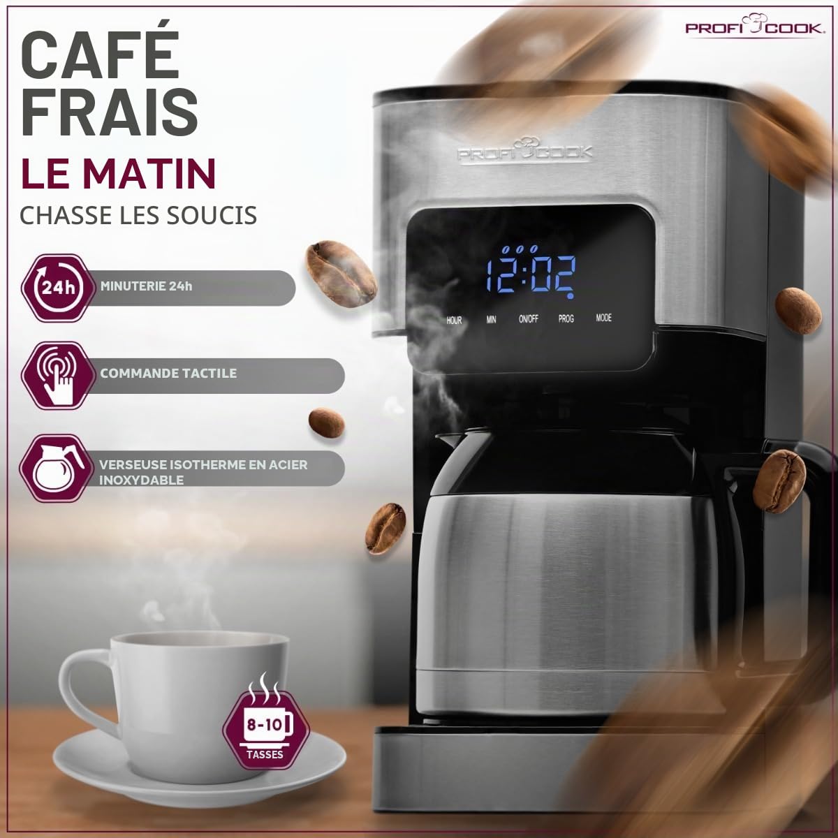 Profi Cook Machine à café avec thermos - avec minuterie pour un café frais le matin - Thermos à double paroi avec fermeture aromatique, Machine à café filtre en acier inoxydable PC-KA 1191