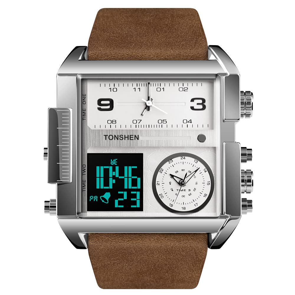 TONSHEN Moda męska cyfrowy zegarek ze stali nierdzewnej ze skórzanym paskiem outdoorowy wojskowy wielofunkcyjny LED elektroniczny analogowy kwarcowy trzykrotne zegarki sportowe duża prostokątna tarcza, srebrny 3, pasek