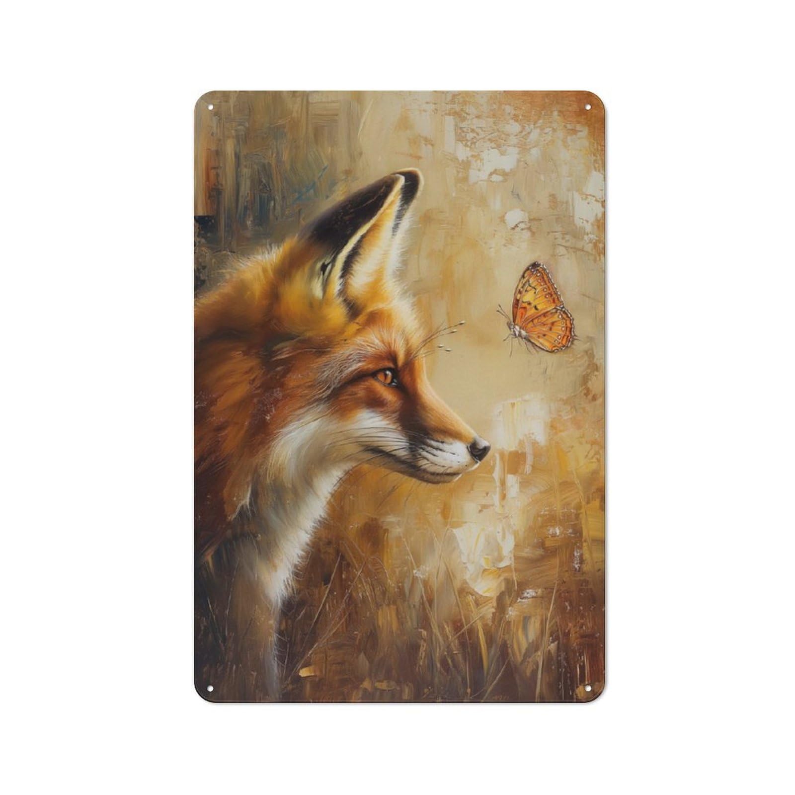 Fox Butterfly Oil Painting Retro Metal Wall Decor 30x20cm, Metal Sign for Pub, Home Bar, Shed Or Man Cave, for Relaxed Wall Styling