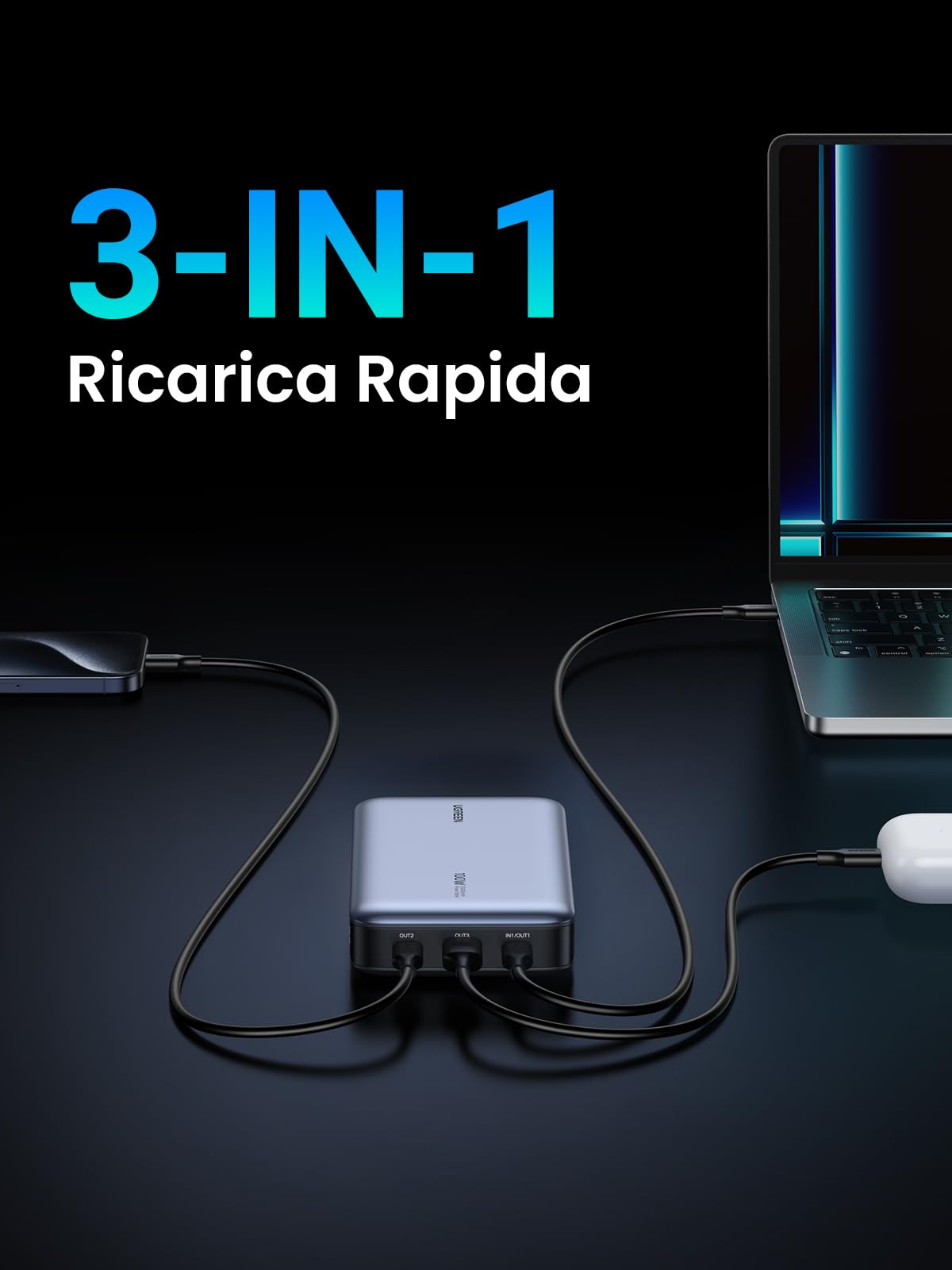 UGREEN Nexode 100W Power Bank 20000mAh, Caricatore Portatile con 3 Porte, Batteria Esterna con Display Compatibile con MacBook, iPhone 16/15 Plus Pro Max, Galaxy S24 S23 Ultra, Dell