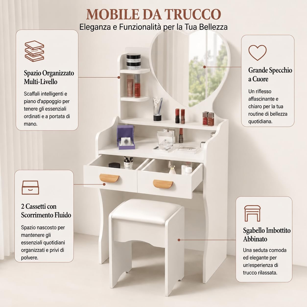 Toeletta da Trucco con Specchio a Cuore e Sgabello Incluso 59x35x118cm - Tavolo Make-up Bianco con 2 Cassetti e Mensole Portaoggetti, Specchiera per Camera da Letto e Cameretta