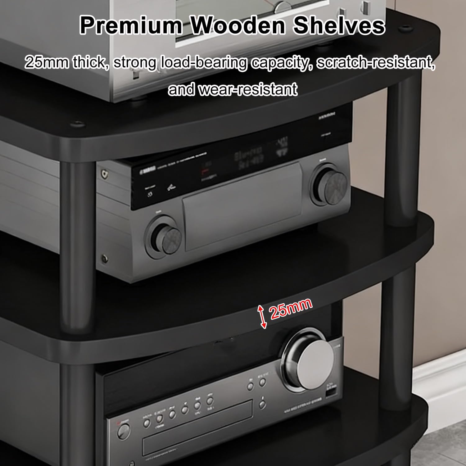 5-poziomowy stojak na media AV, wieża HiFi, szafka na komponenty stereo, kino domowe, gramofon do przechowywania, z drewna, z kółkami (czarny)