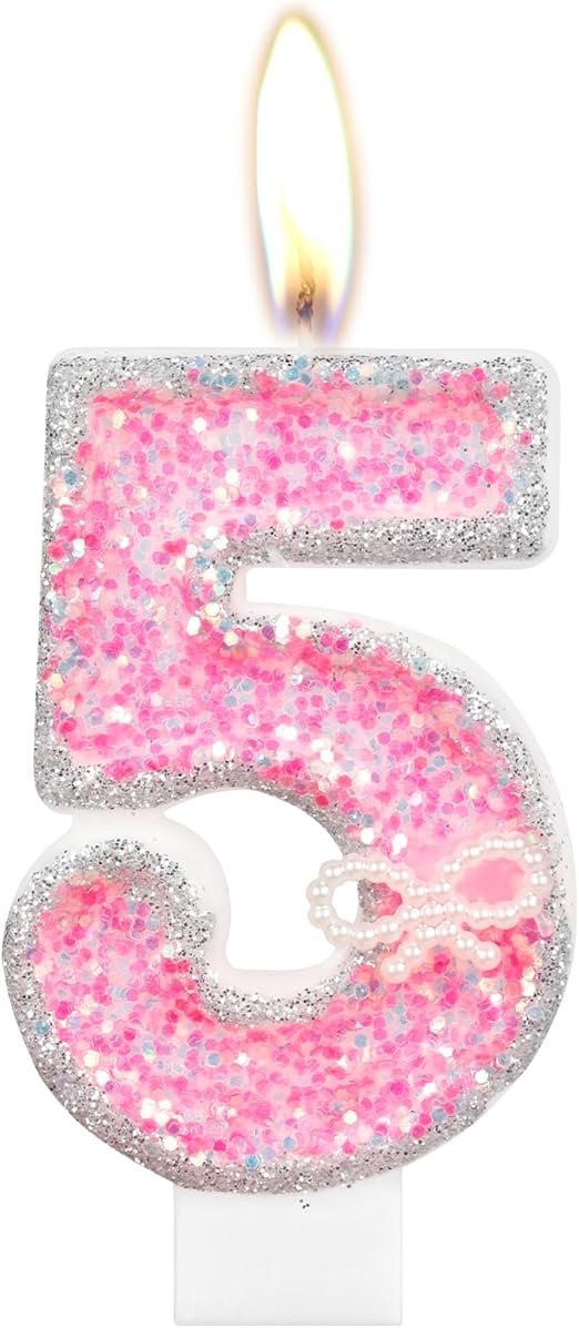 Pink Number 5 Birthday Candles, Girls Glitter Number Candles for Cake Topper Decorations with Pearl Bowknot, Happy Birthday Party Wedding Anniversary Celebration Supplies