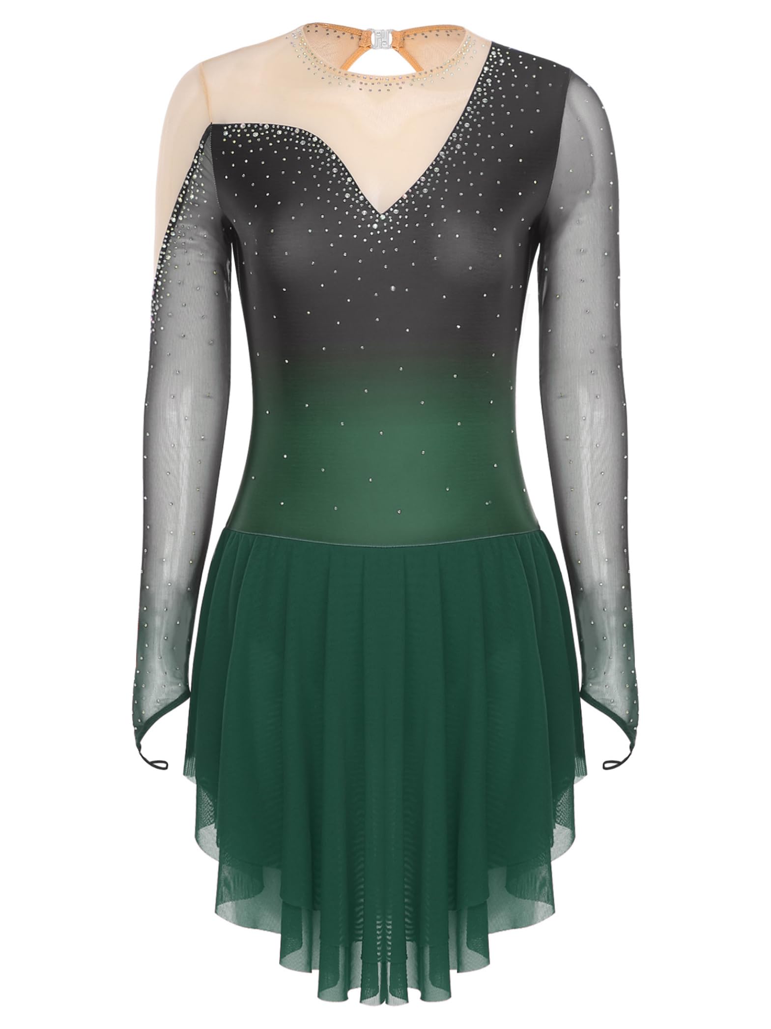 Damen Eiskunstlauf Kleid Glitzer Langarm Rollschuhkleid Farbverlauf Eislaufkleid Strass Glänzend Kürkleid Wettbewerb Tanzkostüm