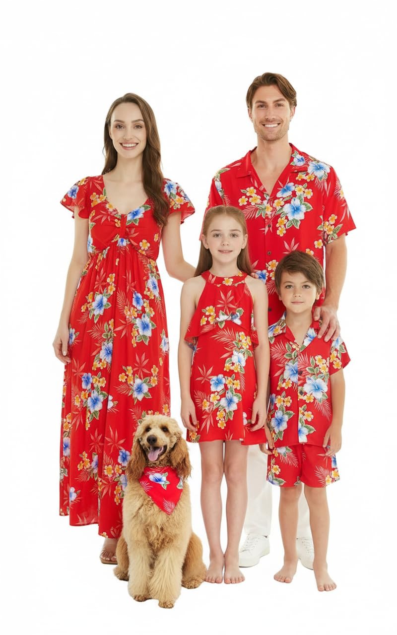 Matchable Family Hawaiian Luau Men Women Girl Boy Clothes in Hibiscus Red
