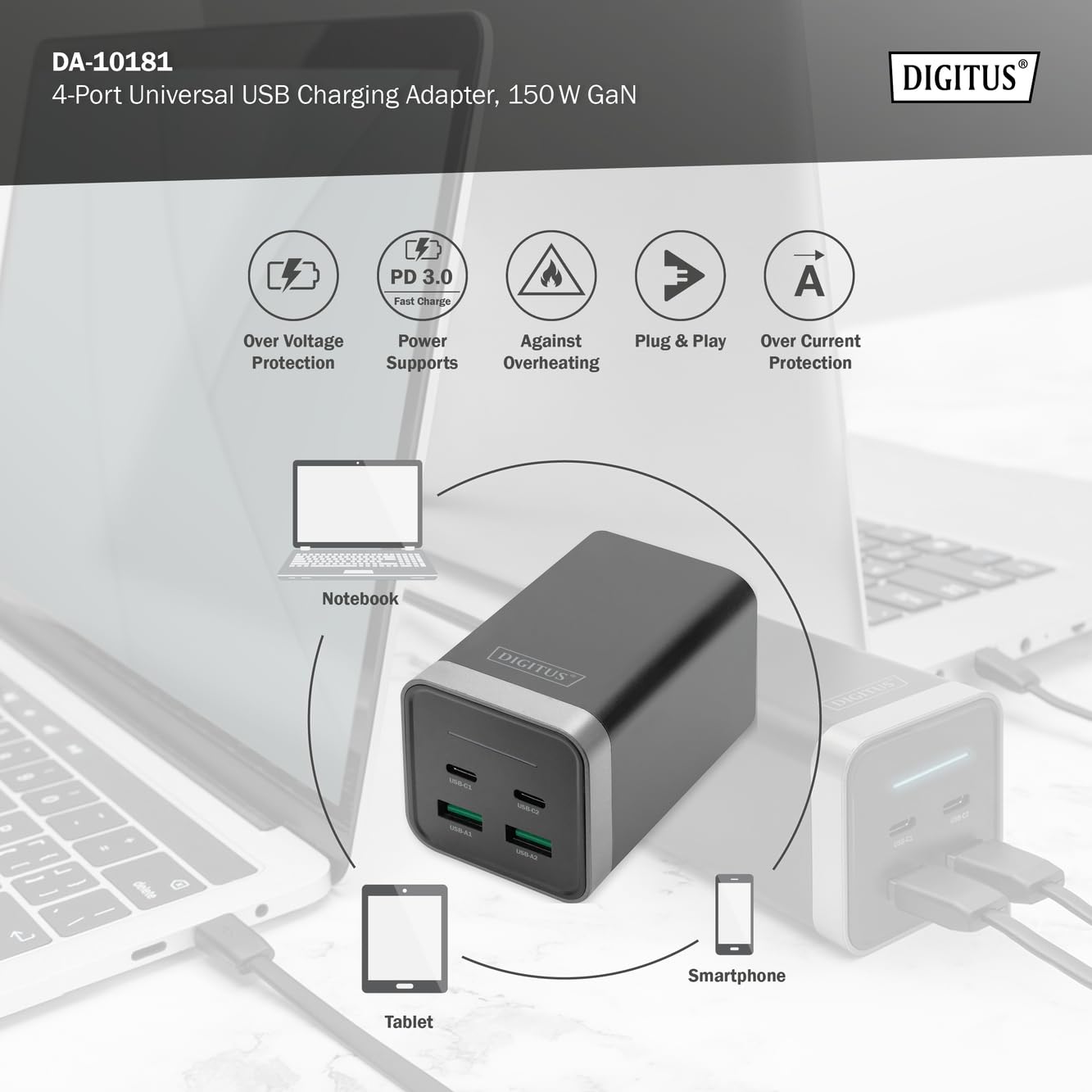 DIGITUS Caricabatterie universale GaN 150 W - 2 porte USB-C - 2 porte USB-A - Caricabatterie veloce Power Delivery 3.0 (PD 3.0) - Per iPhone, iPad, Samsung Galaxy, Pixel, Xiaomi, Motorola, Huawei