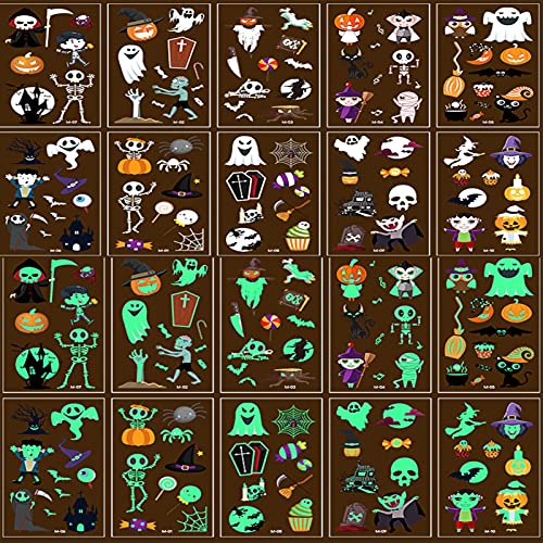 Tatuaggi Temporanei per Bambini, 20 Fogli Luminous Adesivi Tatuaggi Finti, Tatuaggio Set de Temi Halloween Ragno, Ragazzo Ragazza Compleanno Giochi Regalini Giocattoli Cosplay per Feste di Halloween