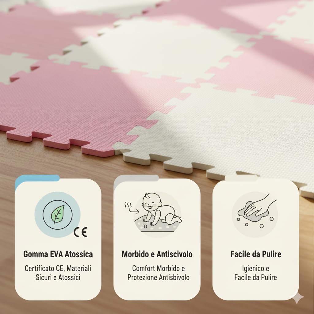 Tappeto Puzzle Bambini in EVA Antiscivolo – 18 Pezzi Rosa e Grigio 29,5x29,5 cm, Morbido e Atossico, Tappetone Gioco per Gattonare, Certificato CE, WELLDER