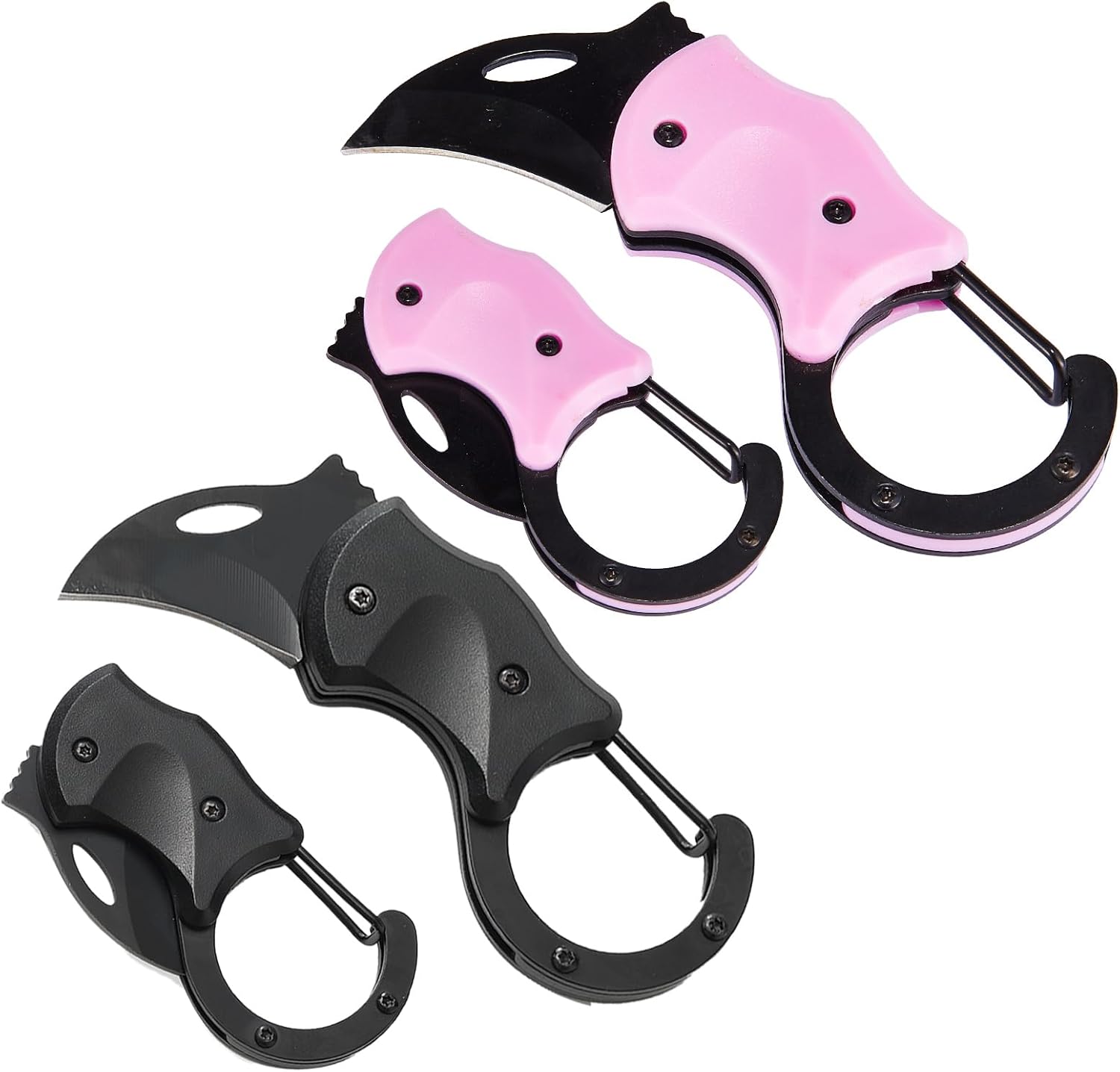 2 Pack Carabiner Small Folding Knife with Stainless Steel Blade, Mini Pocket Knife for Men, Gifts for Dad, Brother, Self Defense Keychain - Black&Pink