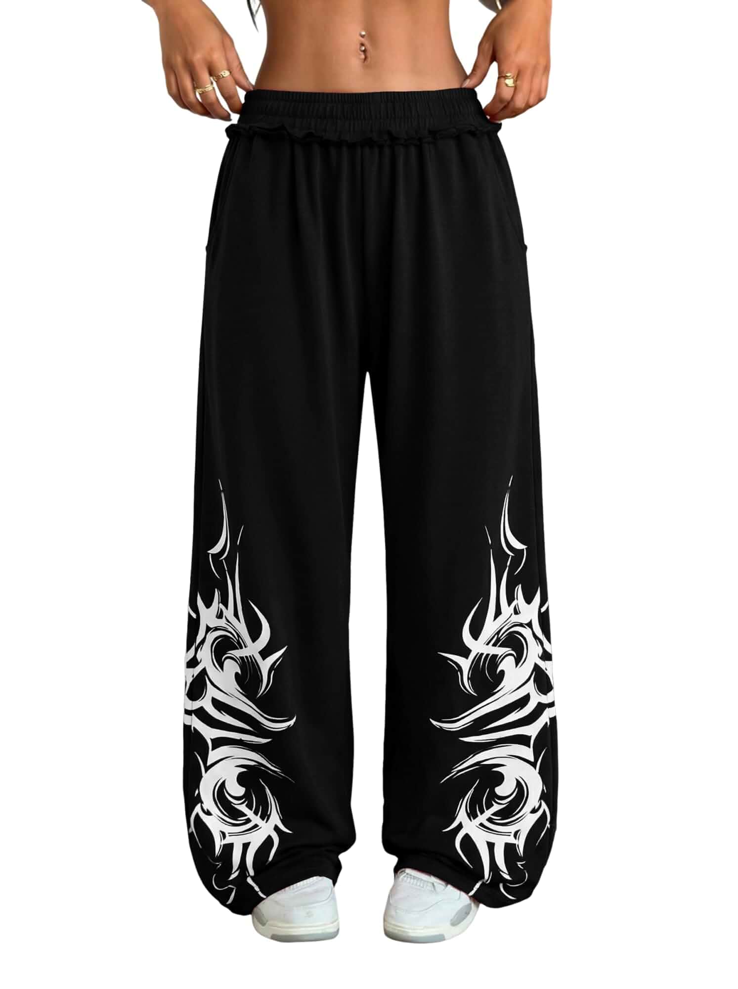ZAFUL Womens Wide Leg Sweatpants Y2K Gothic Graffiti Sweat Pants High Waisted Lounge Pants Baggy Sweatpants Womens Streetwear with Pockets
