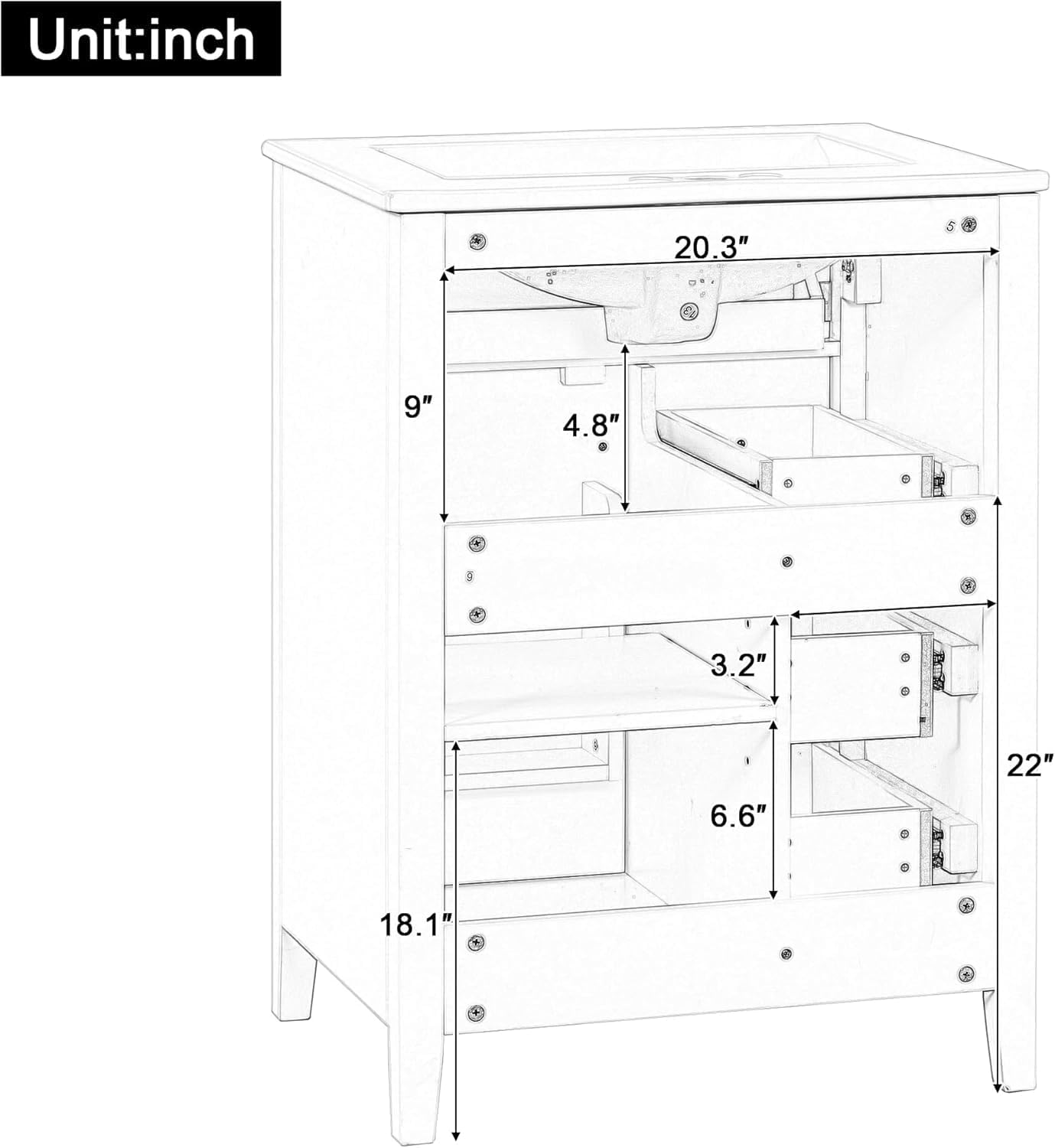 Virubi 24 in Bathroom Vanity with Sink and Soft Closing Doors,Solid Wood & MDF Modern Single Bathroom Sink Cabinet with Doors and Flip-Out Drawers,Freestanding