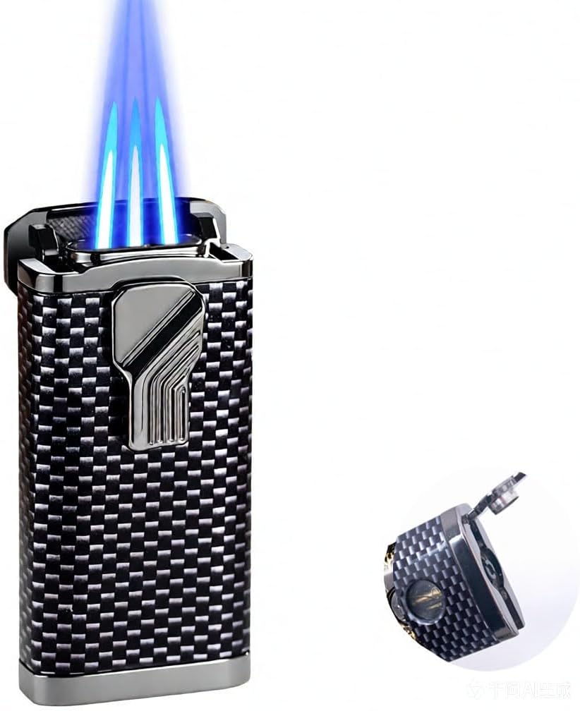 Refillable Butane Torch Lighter with Adjustable Triple Jet Flame & Hidden Punch - Windproof, Sleek Carbon Fiber Design, Reusable Metal Lighter for Candles, BBQ, Camping etc(Gas not Included)
