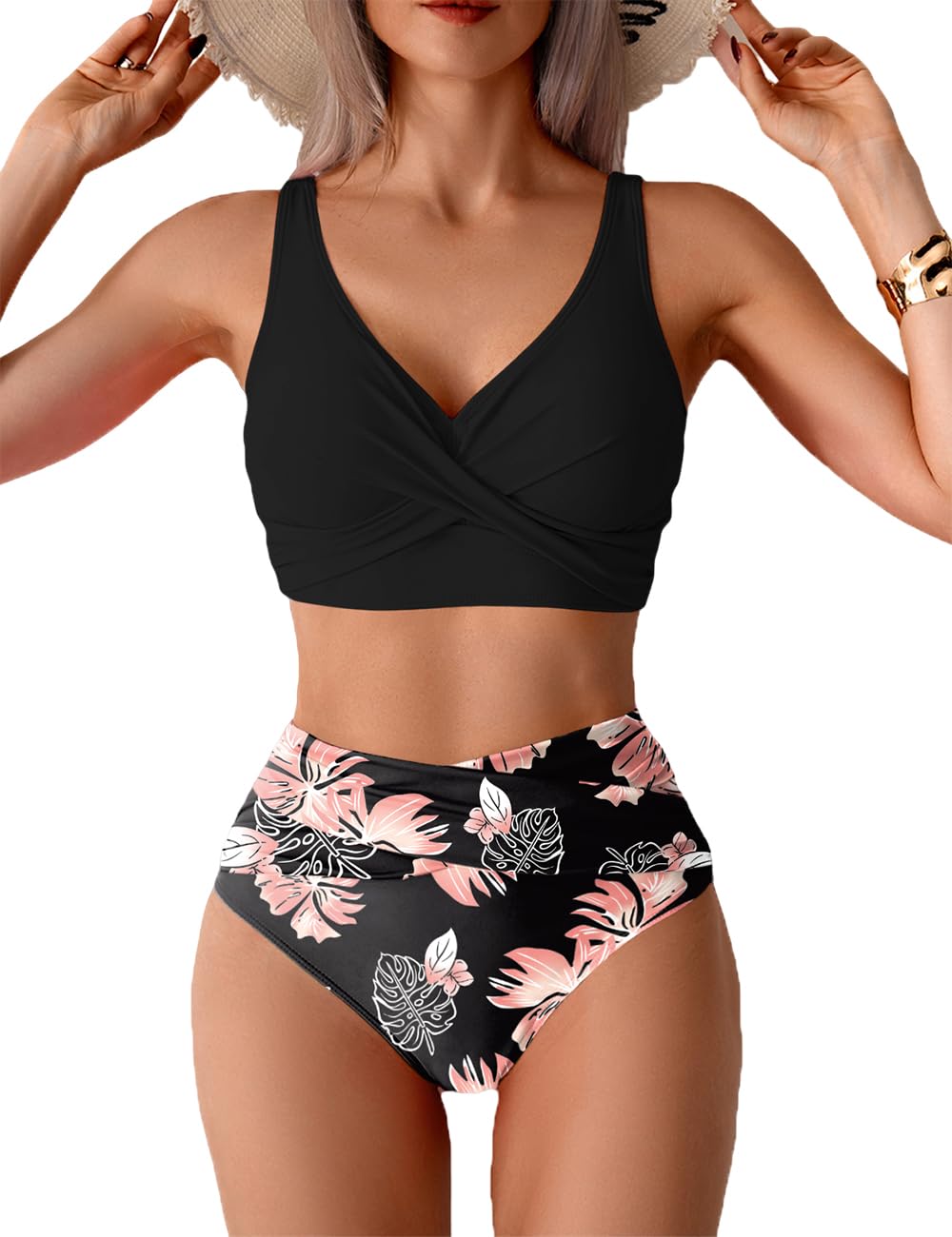 Photo 1 of Tainehs Women's Two Piece Bikini Sets V Neck Push Up Swimsuit High Waisted Tummy Control Bathing Suit Black Floral
