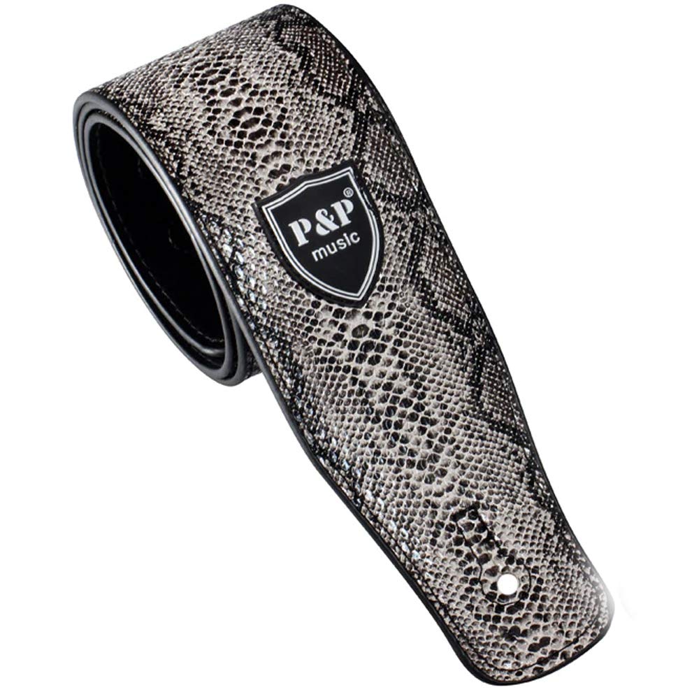 Art Attack White Leather Textured Snakeskin Snake Serpent Music Electric Acoustic Ukulele Bass Guitar Strap w/Pick Holder