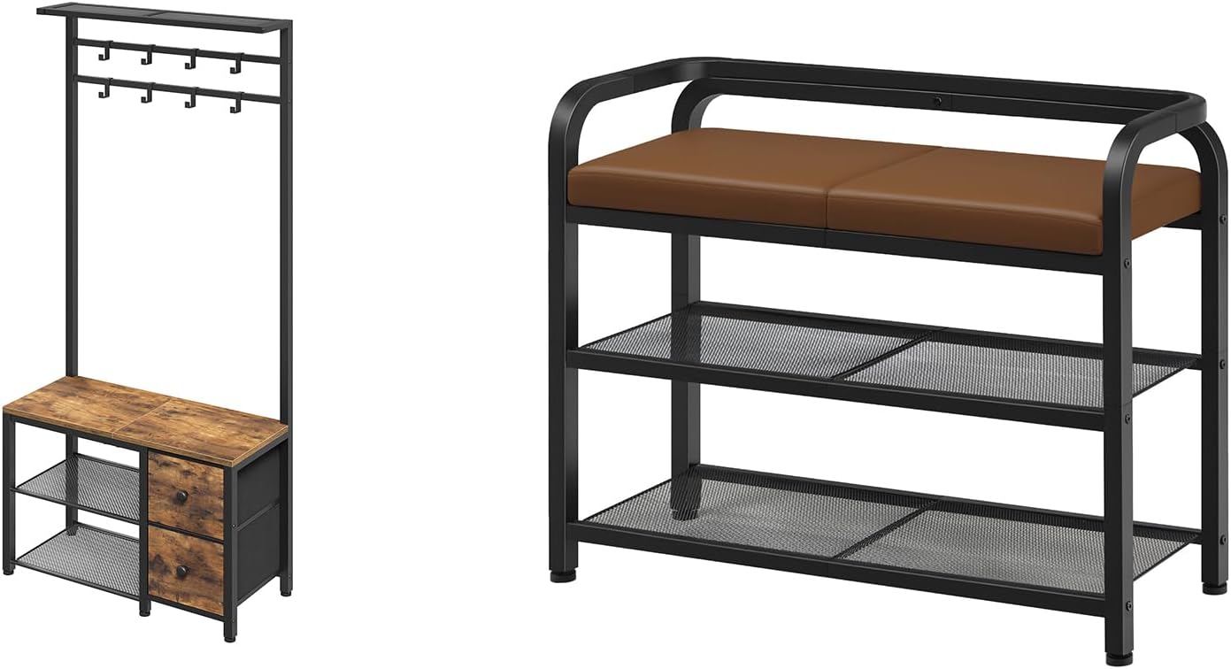 5-in-1 Hall Tree with Drawers, Shoe Bench with Backrest, Entryway Bench, MT06BR-HX04BV