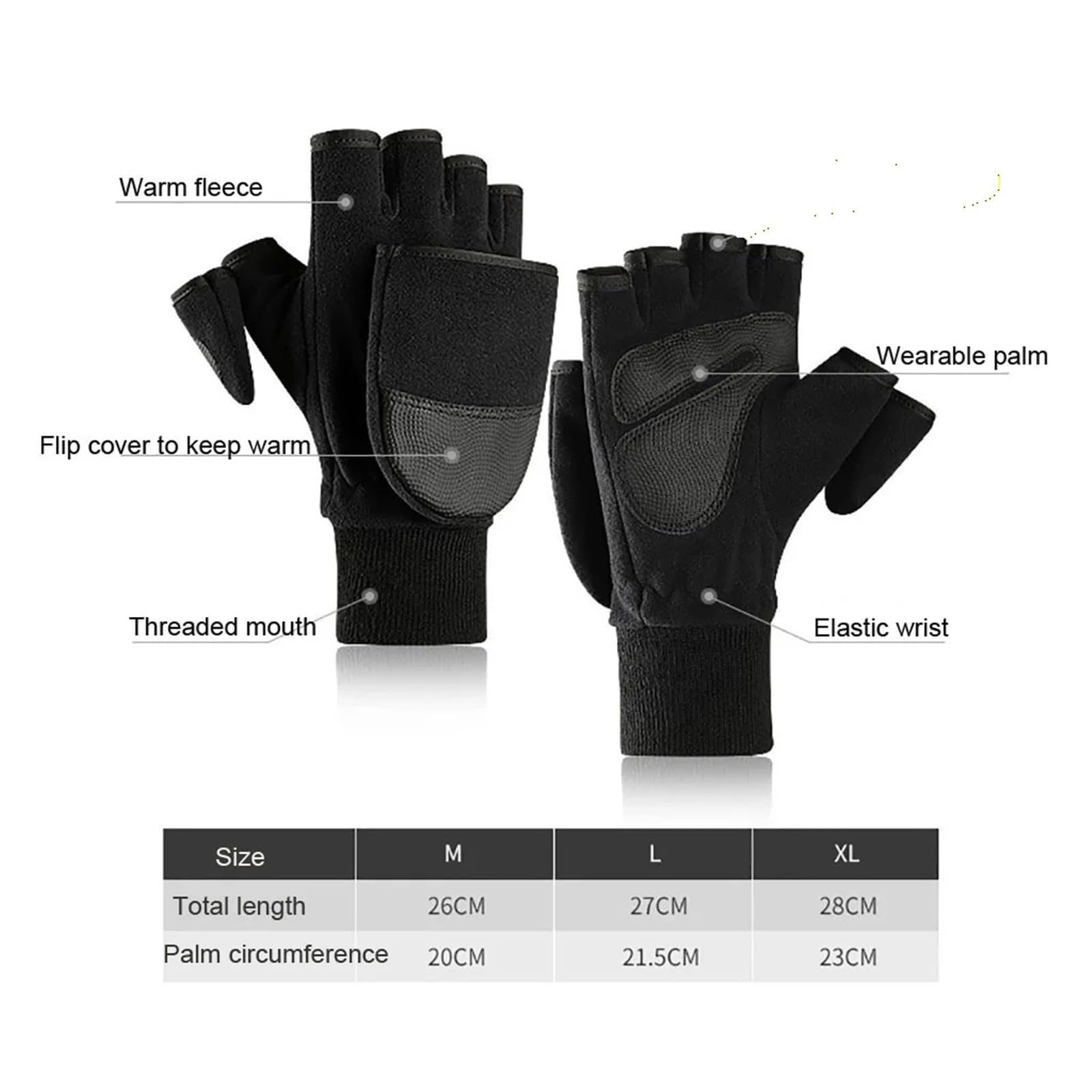 Winter-Flip-Cover, schwarz, Angelhandschuhe, Halbfinger, rutschfest, atmungsaktiv, for Kamerafotografie, Outdoor, warm