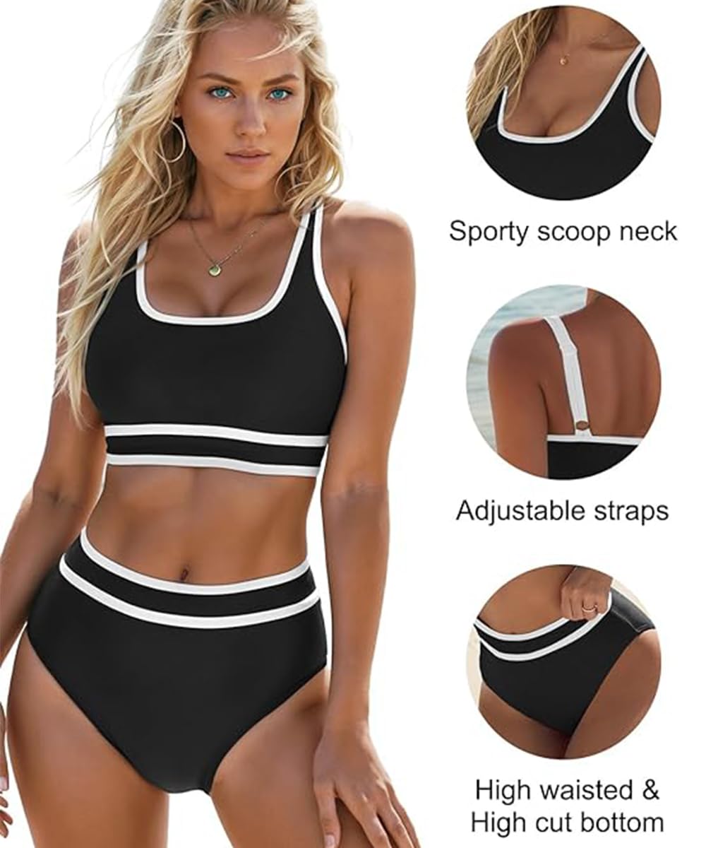 Yeenily Damski kostium kąpielowy, dwuczęściowy, sportowy zestaw bikini, seksowny, wysoki stan, trójkąt gorsetu, push up, plaża, tankini, wyszczuplający brzuch, brazylijski strój kąpielowy (czarny, XL)