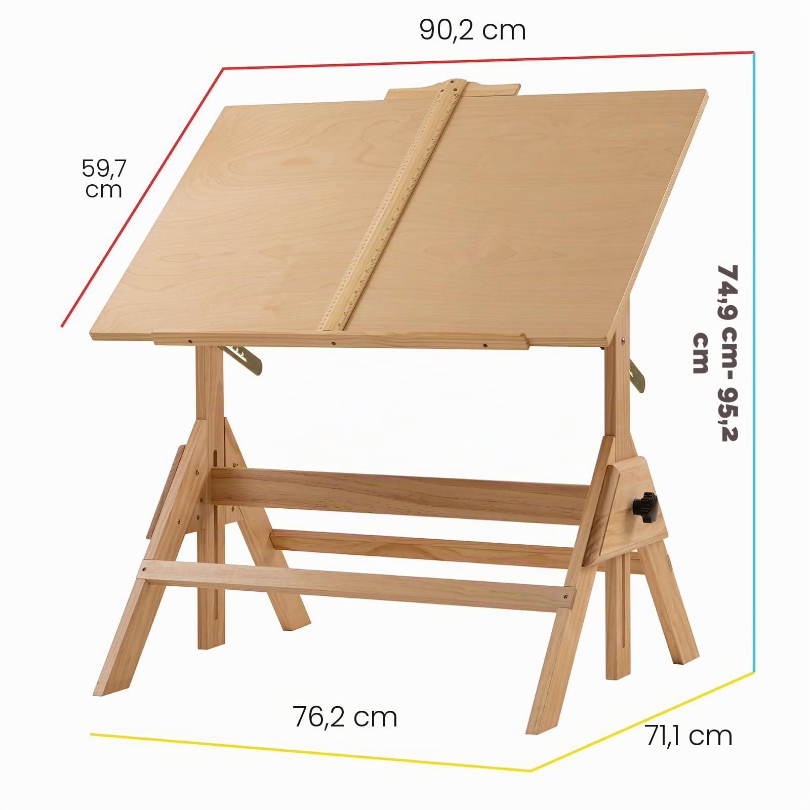 MEEDEN Tavolo da Disegno in Legno Massello, Scrivania da Disegno, Scrivania da Studio, Tavolo con Altezza Regolabile e Piano Inclinabile per Opere D'arte, Grafica, Lettura