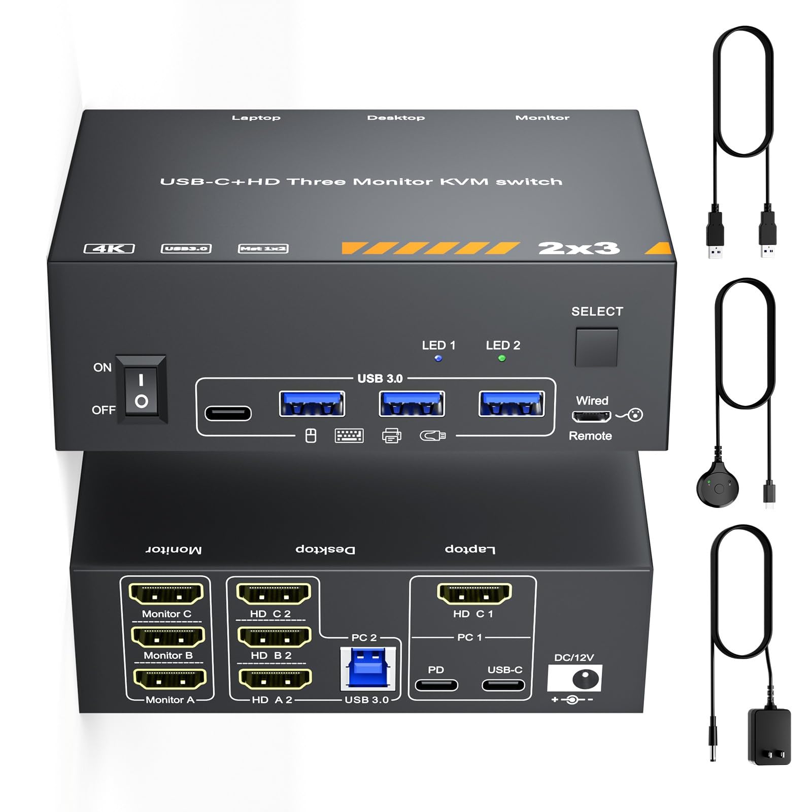 KVM Switch 3 Monitors 1 Laptop & 1 Desktop, Reyoten 4K HDMI USB Switch,3 Monitors for Laptop with 3 USB 3.0 Ports, 4K Hub for 2 PCs to Share Monitor,