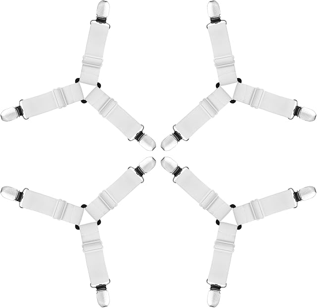 AUAUY 4 PCS Bed Sheet Clips, Adjustable Bed Sheet Straps with Clips, Mattress Fasteners to Hold Sheets in Place, Elastic Bed Sheet Holder Corner Straps for Bedding, Sofa Cushion-White, 3 Clips
