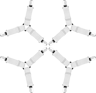 AUAUY 4 PCS Bed Sheet Clips, Adjustable Bed Sheet Straps with Clips, Mattress Fasteners to Hold Sheets in Place, Elastic Bed Sheet Holder Corner Straps for Bedding, Sofa Cushion-White, 3 Clips