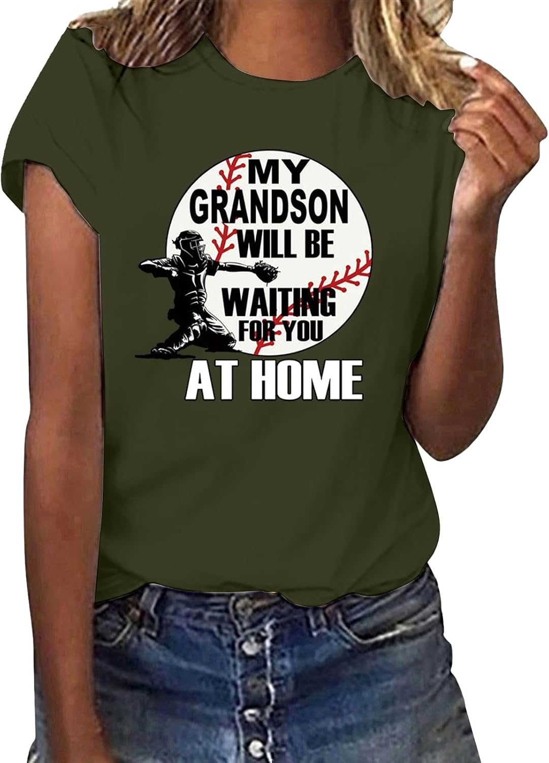 Heevina My Grandson Will Be Waiting For You At Home Mom Shirt For Women Mama Softball Tshirt Crewneck 2026