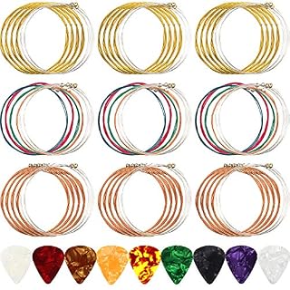 9 Sets of 6 Acoustic Guitar Strings Replacement Steel Guitar Strings (Gold, Brass, Multicolor) with 9 Pieces Celluloid Guitar Picks 3 Sizes for Electric Acoustic Guitar Beginners - Les Beatles, Paul McCartney, John Lennon, RIngo Starr, George Harrison