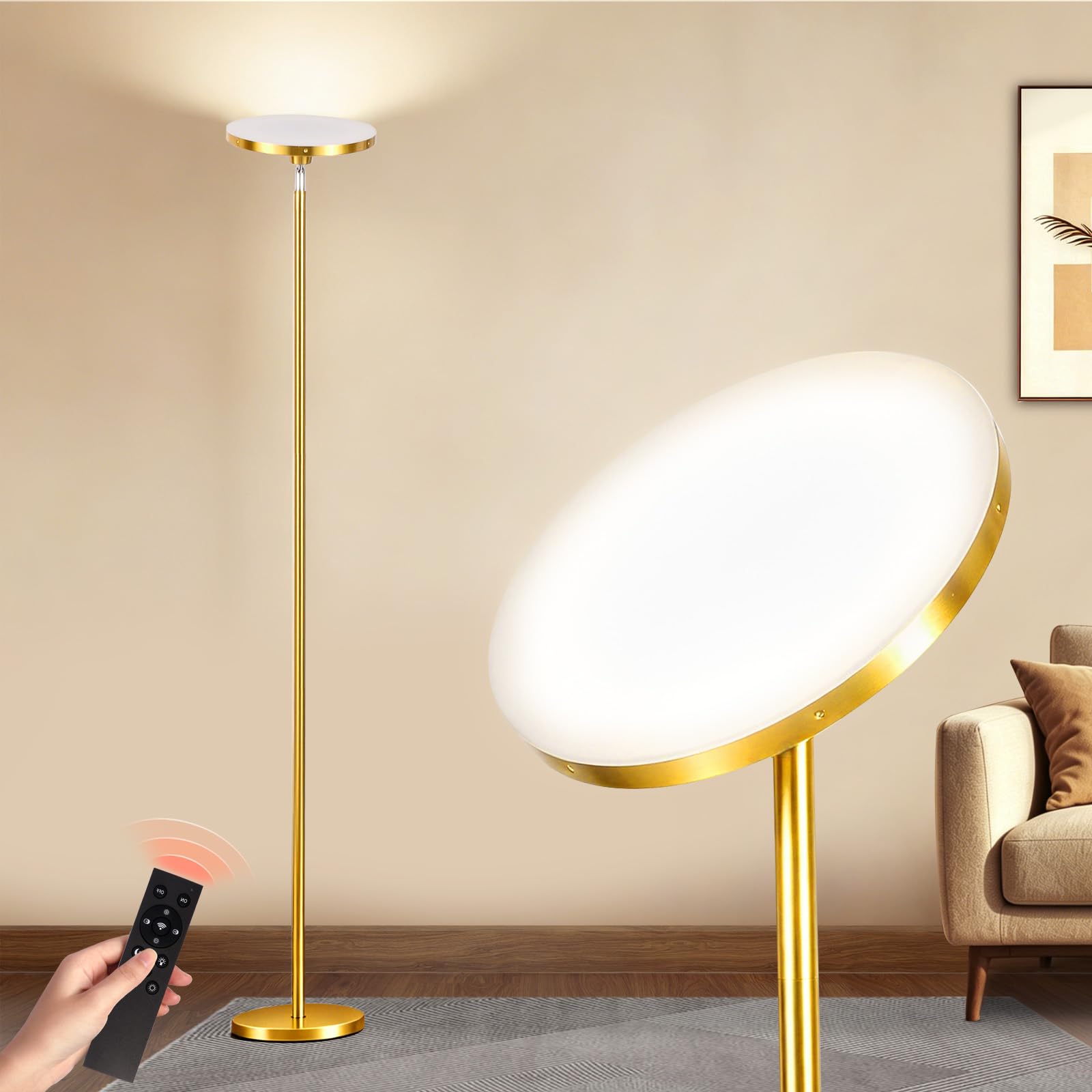 pekipe Floor Lamps for Living Room Bedroom Office,Uplighter Floor Lamp,Dimmable and Adjustable Color Temperature with Remote,Dimmable Standing Lamp,Tall lamp with Foot Switch(Gold)