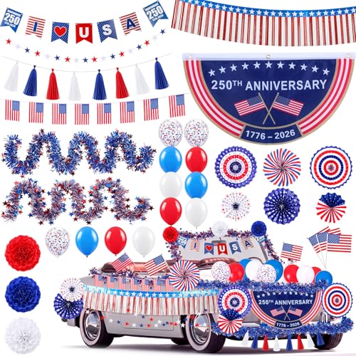MiniInflat 4th of July Parade Car Decorations Kit 250th Anniversary Golf Cart Decoration Patriotic Red White Blue Decor with USA Fan Flag Tinsel Garland Fringe Banner Balloon(American Flag)