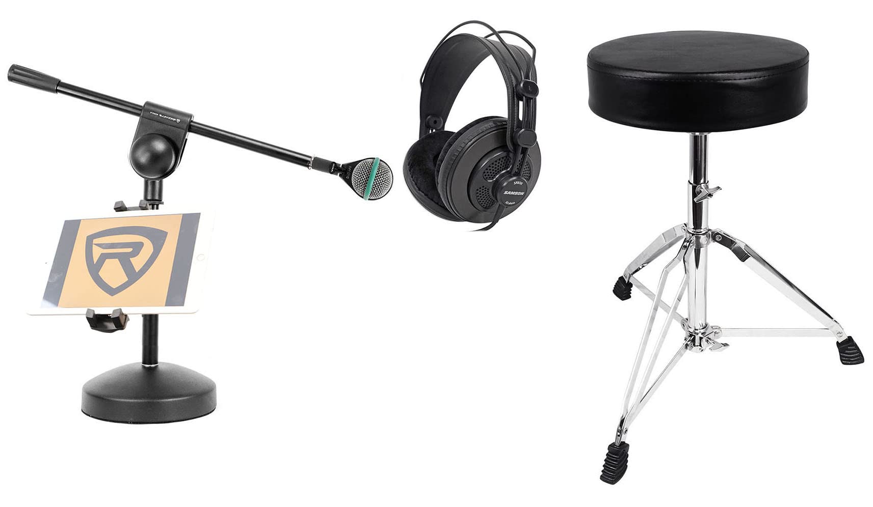 Audiosavings Bundle: AKG D112 MKII Kick Drum Bass Guitar Mic Bundle with iStand 44 to Any Stand & RDMS70 Mic Stand, RDS30 Foldable Drum Stool, SR850 Studio Headphones (5 Items)