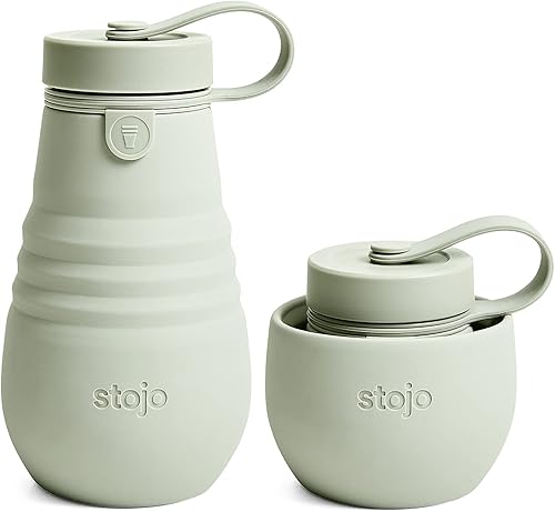 STOJO Jr - Botella plegable para niños, verde salvia, 14 onzas 13.5 fl oz, vaso de viaje de silicona reutilizable a prueba de fugas para bebidas