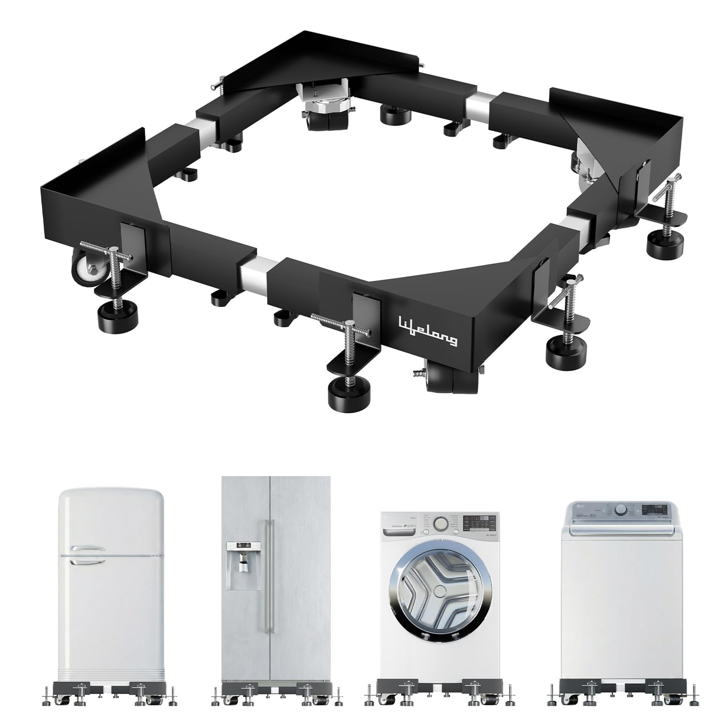 Lifelong Washing Machine Stand - Adjustable Metal Kitchen Trolley with Wheels for Home with 8 Anti Vibration Rubber Pads - Up to 250Kg - Suitable for ...