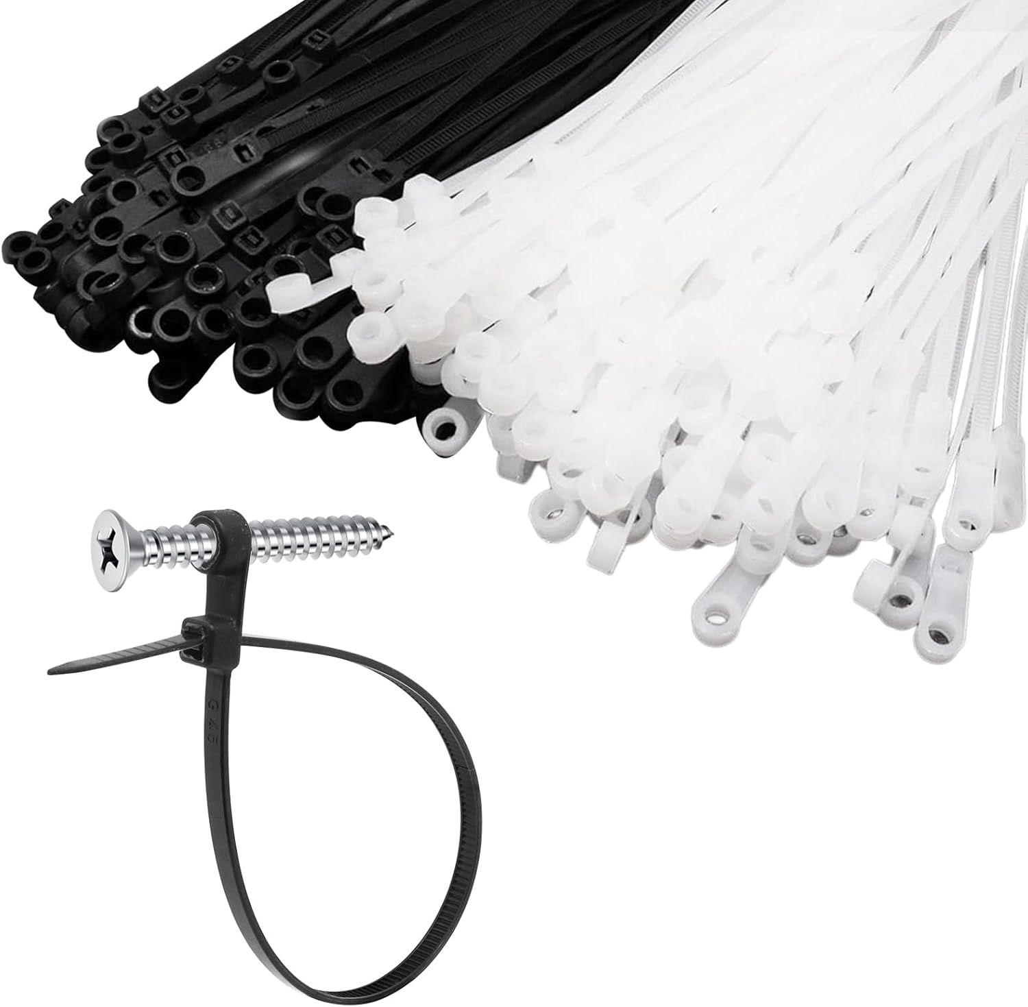 Zip Ties with Screw Hole, Plastic Self Locking Screw Mount Wire Ties for Indoor & Outdoor Black+White (12 Inch, 200Pcs)