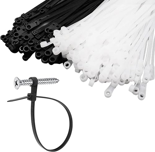 Zip Ties with Screw Hole, Plastic Self Locking Screw Mount Wire Ties for Indoor & Outdoor Black+White (8 Inch, 100Pcs)
