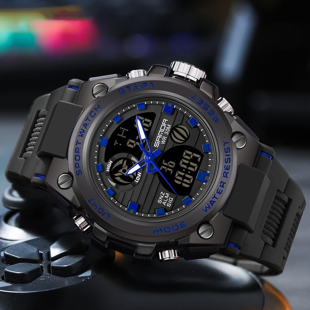 Gosasa Orologio sportivo digitale da uomo, display LED, antiurto, militare, doppio fuso orario, orologio da polso per esterni, impermeabile, sveglia