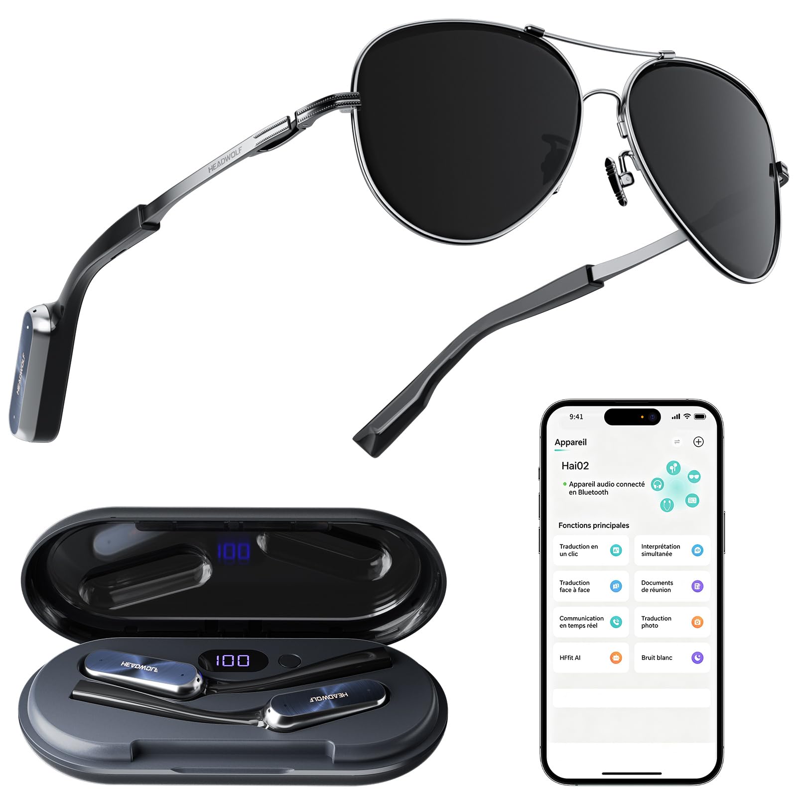 Headwolf AI Audio Glasses, Lightweight Smart Glasses with Bluetooth Audio, AI Translation, Voice Assistant, Titanium Memory Frame, Detachable Design, Charging Case for Travel & Outdoors