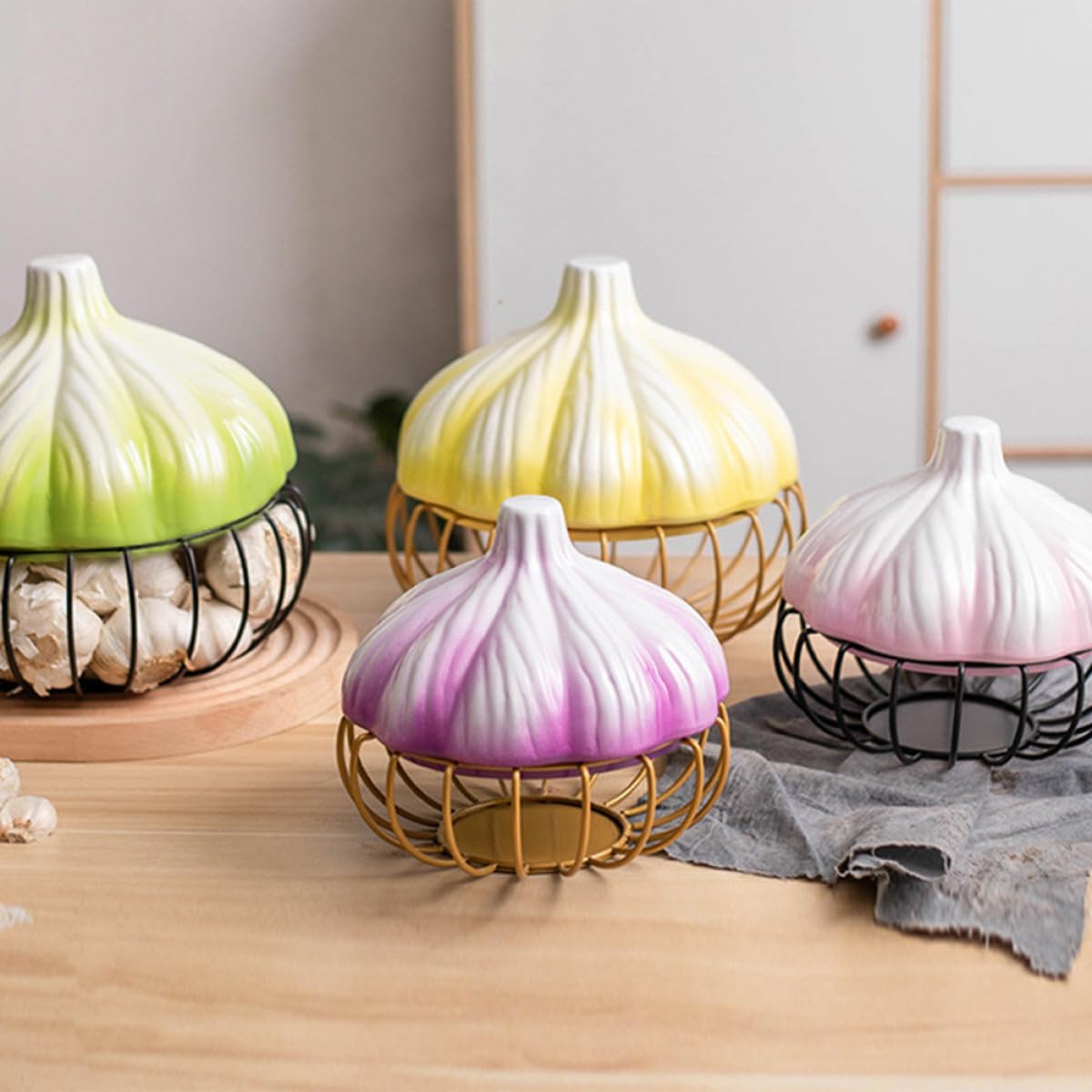 Garlic Storage Basket with Lid, Small Purple Ceramic Egg Basket, Kitchen Accessory for Garlic and Fruit Organization, Versatile Countertop Container