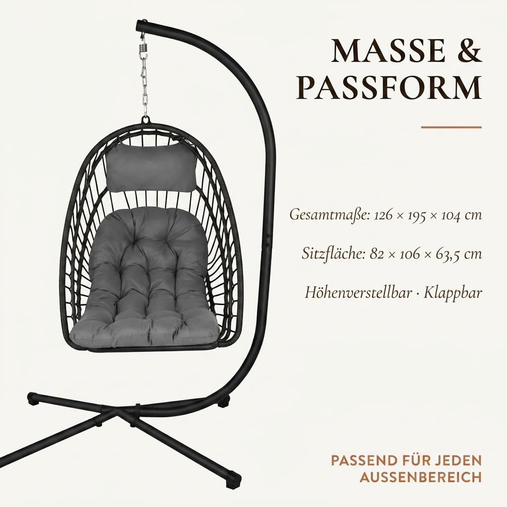 ONBEST Hängesessel mit Gestell – 360° Hängestuhl, Grau | Klappbarer Hängekorb mit Polster, Schutzhülle und 130 kg Belastbarkeit – für Garten, Balkon, Wohnzimmer, Outdoor & Indoor
