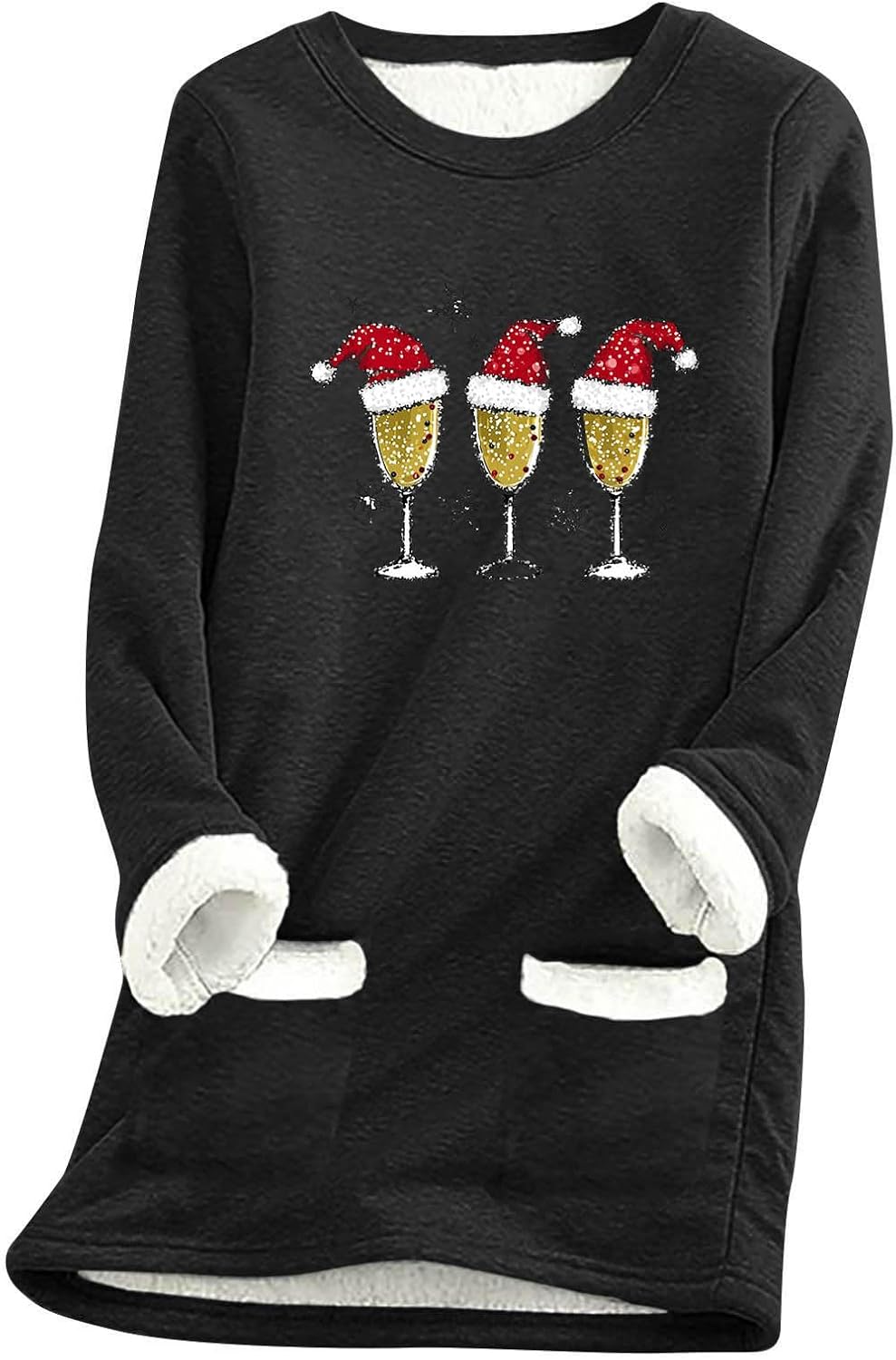 Christmas Fleece Sweatshirts for Women Warm Sherpa Lined Pullover Fuzzy Thermal Shirts Winter Loungewear Tunic Tops