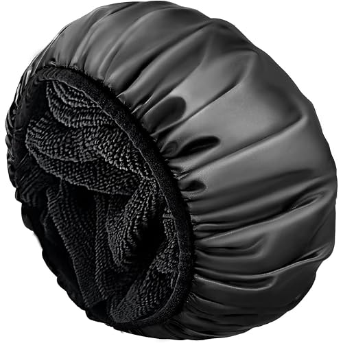 Aquior Shower Cap,Terry Lined Shower Cap for Women Reusable, Triple Layer Waterproof Bath Cap, Extra Large for Women Long Hair(Black)