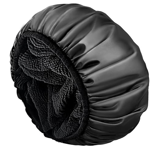 Miniatura 1 de Aquior Gorro de ducha con forro de rizo para mujer, reutilizable, triple capa impermeable, extra grande para mujeres de pelo largo (negro)